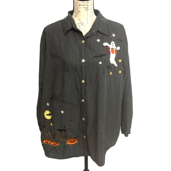 Bobbie Brooks Woman 18W/20W Halloween Shirt Ghost Pumpkins Embroidered Black - Picture 1 of 8